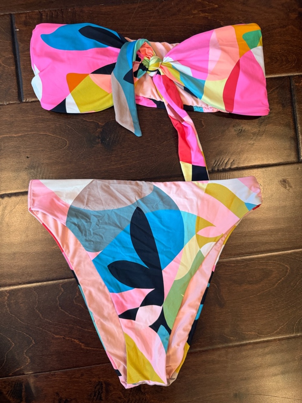 Colorful Abstract Print Bandeau Bikini Set - Pink Multicolor